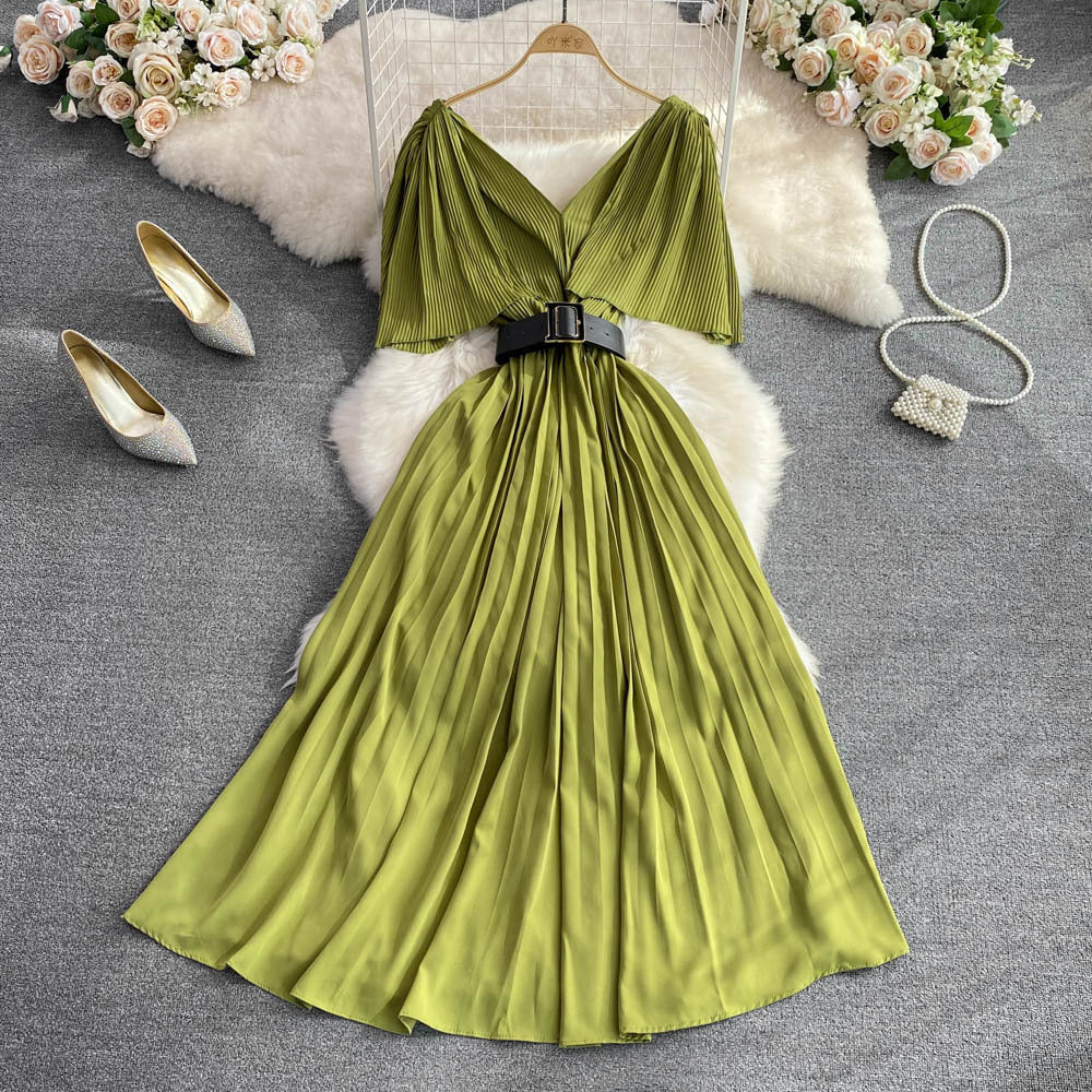 Socialite Temperament V-neck Flounce Waist Slimming A- Line Pleated Dress Elegant Swing Long Dress