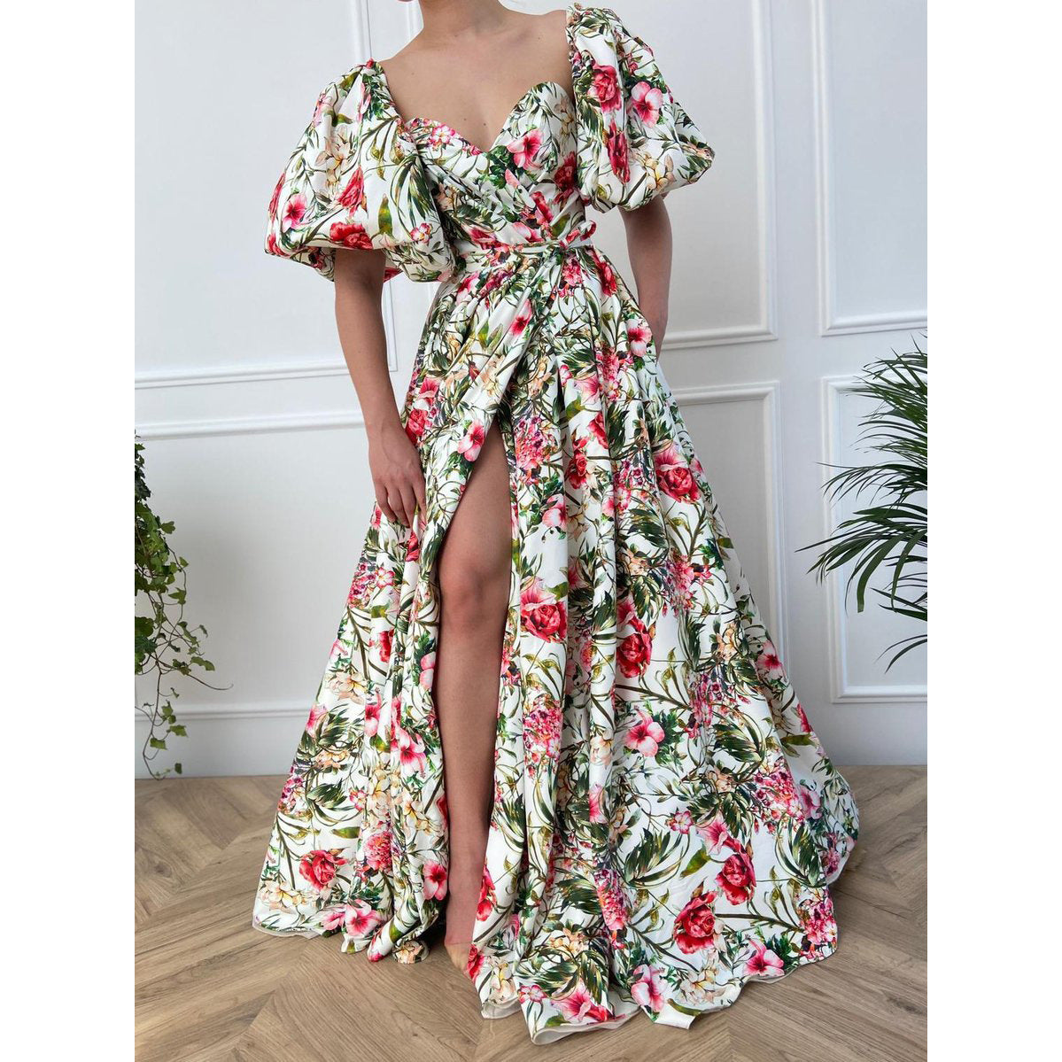 Women's V-neck Chiffon Printed High Waist Dress