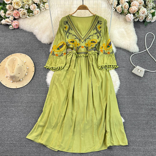 Bohemian E398 Wind V-neck Embroidery Cotton And Linen Dress