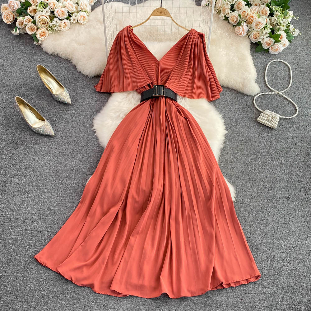 Socialite Temperament V-neck Flounce Waist Slimming A- Line Pleated Dress Elegant Swing Long Dress