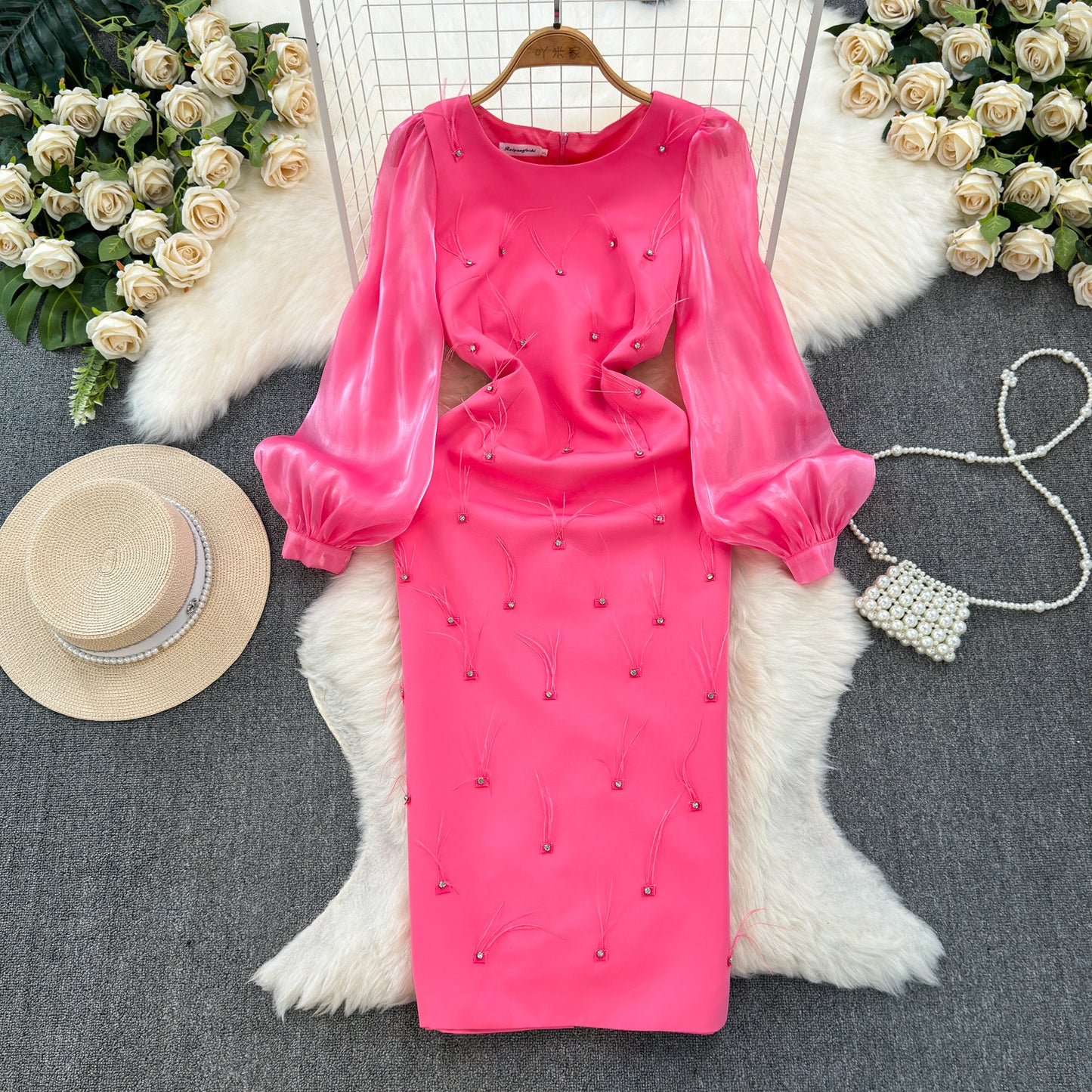 French-style Heavy Industry Rhinestone Feather Tassel Round Neck Dress