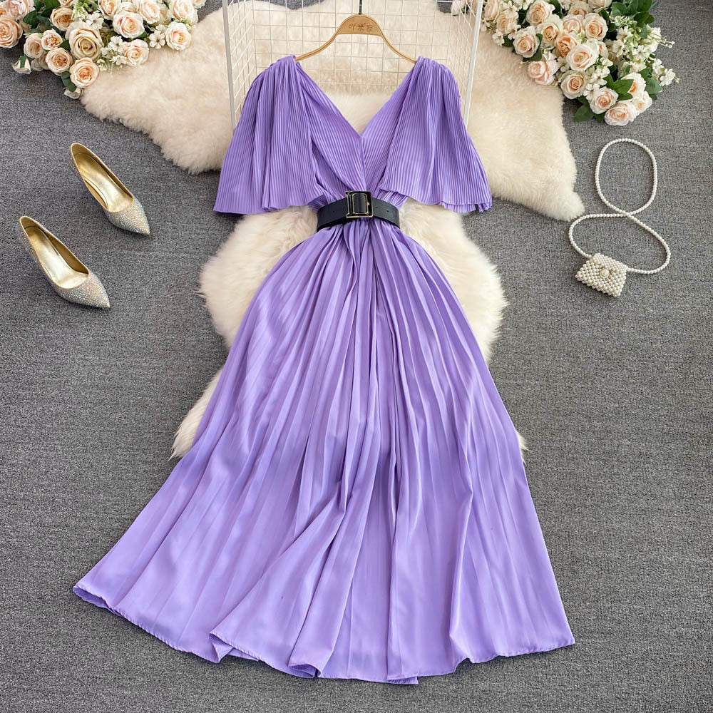 Socialite Temperament V-neck Flounce Waist Slimming A- Line Pleated Dress Elegant Swing Long Dress