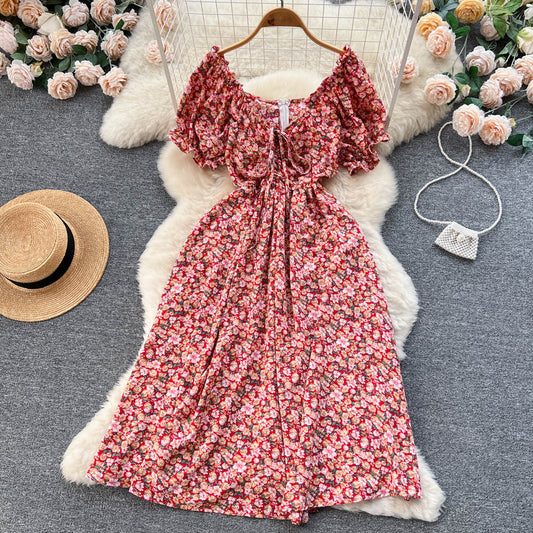 Retro V-neck Floral Dress Women's Short Sleeve